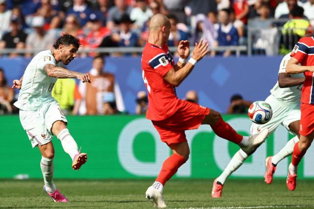 France's defender #19 Theo Hernandez kicks the ball during the 2026 World Cup Group I football match between Norway and France at the Boston Stadium in Foxborough on June 26, 2026.  (Photo by CHARLY TRIBALLEAU / AFP)