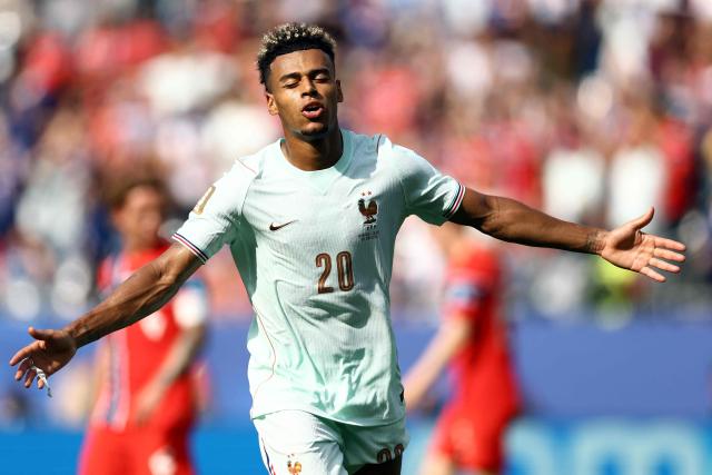 France's forward #20 Desire Doue celebrates scoring his team's fourth goal during the 2026 World Cup Group I football match between Norway and France at the Boston Stadium in Foxborough on June 26, 2026.  (Photo by CHARLY TRIBALLEAU / AFP)