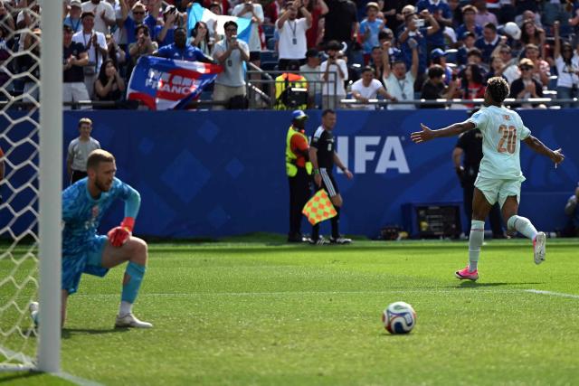 France's forward #20 Desire Doue celebrates scoring his team's fourth goal during the 2026 World Cup Group I football match between Norway and France at the Boston Stadium in Foxborough on June 26, 2026.  (Photo by Jewel SAMAD / AFP)