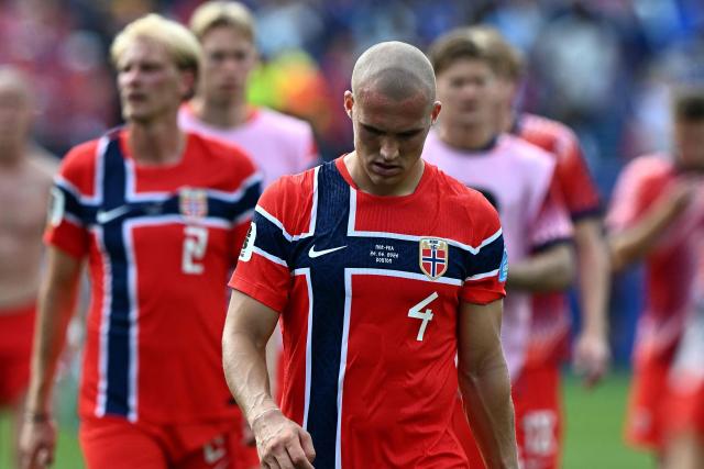 Norway's defender #04 Leo Ostigard reacts after losing the 2026 World Cup Group I football match between Norway and France at the Boston Stadium in Foxborough on June 26, 2026.  (Photo by Jewel SAMAD / AFP)