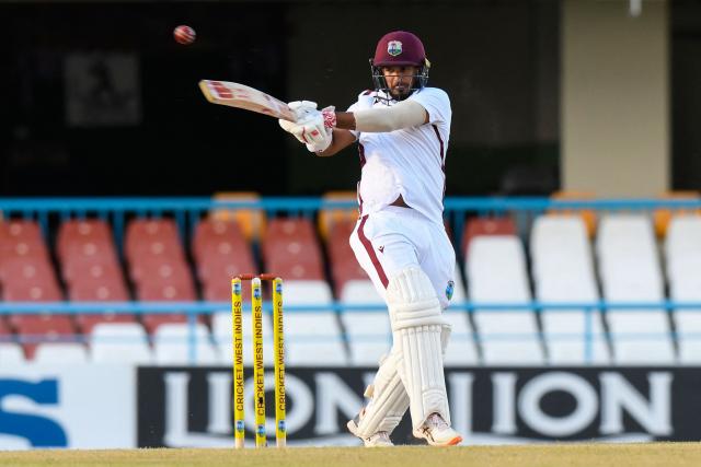 Amir Jangoo of West Indies bats during the 2nd day of the 1st Test between Sri Lanka and West Indies at Vivian Richards Cricket Stadium in North Sound, Antigua and Barbuda, on June 26, 2026. (Photo by Randy Brooks / AFP)