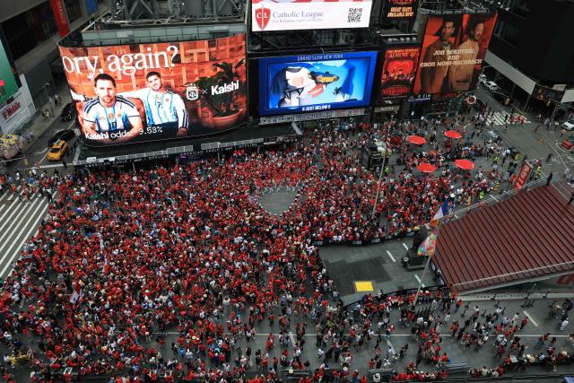 Panama fans gather in Times Square ahead of the 2026 World Cup Group L football match between Panama and England, in New York on June 26, 2026. (Photo by TIMOTHY A. CLARY / AFP)
