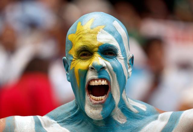 An Uruguayan fan gestures ahead of the 2026 World Cup Group H football match between Uruguay and Spain at the Guadalajara Stadium in Zapopan on June 26, 2026.  (Photo by Ulises RUIZ / AFP)