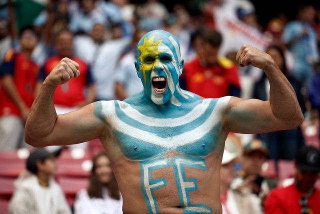 An Uruguayan fan gestures ahead of the 2026 World Cup Group H football match between Uruguay and Spain at the Guadalajara Stadium in Zapopan on June 26, 2026.  (Photo by Ulises RUIZ / AFP)