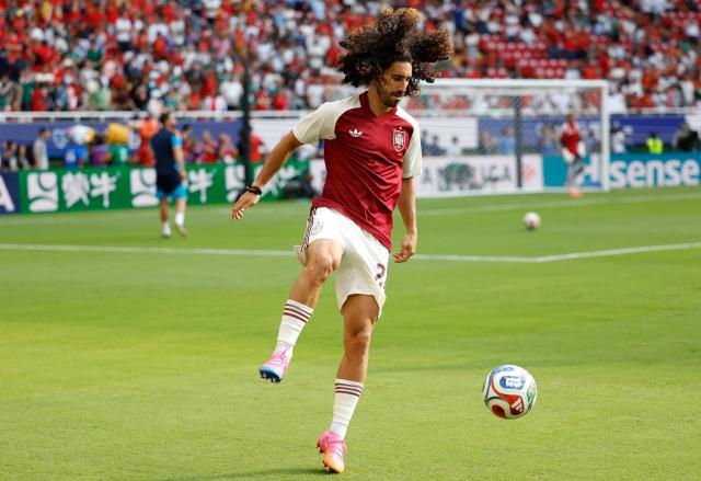 Spain's defender #24 Marc Cucurella takes part in the warm-up ahead of the 2026 World Cup Group H football match between Uruguay and Spain at the Guadalajara Stadium in Zapopan on June 26, 2026.  (Photo by Ulises RUIZ / AFP)