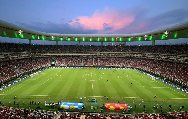 This general view shows the pitch during the 2026 World Cup Group H football match between Uruguay and Spain at the Guadalajara Stadium in Zapopan on June 26, 2026.  (Photo by Alfredo ESTRELLA / AFP)