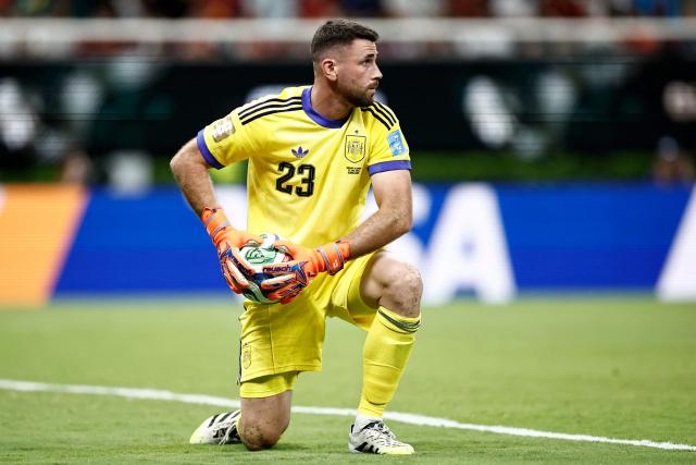 Spain's goalkeeper #23 Unai Simon holds the ball during the 2026 World Cup Group H football match between Uruguay and Spain at the Guadalajara Stadium in Zapopan on June 26, 2026.  (Photo by Ulises RUIZ / AFP)