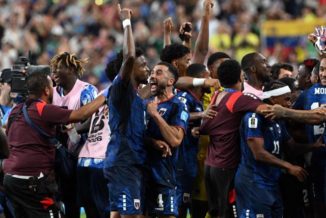 Cape Verde players celebrate after the 2026 World Cup Group H football match between Cape Verde and Saudi Arabia at the Houston Stadium in Houston on June 26, 2026.  (Photo by RONALDO SCHEMIDT / AFP)