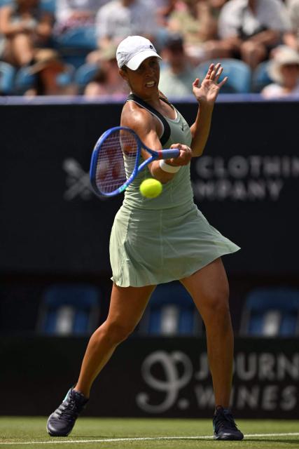 US player Madison Keys returns against Germany's Tatjana Maria during their women's final tennis match on day six of the Lexus Eastbourne Open at Devonshire Park, Eastbourne, on the south coast of England on June 27, 2026. (Photo by Glyn KIRK / AFP)