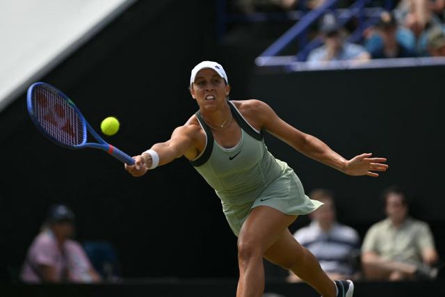 US player Madison Keys returns against Germany's Tatjana Maria during their women's final tennis match on day six of the Lexus Eastbourne Open at Devonshire Park, Eastbourne, on the south coast of England on June 27, 2026. (Photo by Glyn KIRK / AFP)