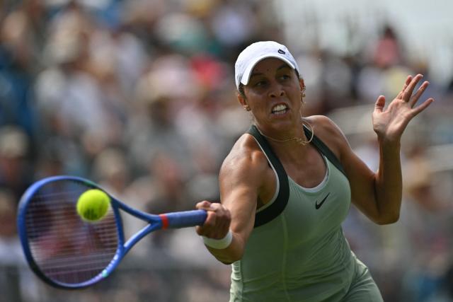 US player Madison Keys returns against Germany's Tatjana Maria during their women's final tennis match on day six of the Lexus Eastbourne Open at Devonshire Park, Eastbourne, on the south coast of England on June 27, 2026. (Photo by Glyn KIRK / AFP)