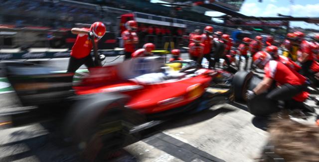 Ferrari's British driver Lewis Hamilton arrives in the pit during the third practice session at the Red Bull Ring race track in Spielberg, Austria on June 27, 2026, ahead of the Formula One Austrian Grand Prix. (Photo by Joe KLAMAR / AFP)
