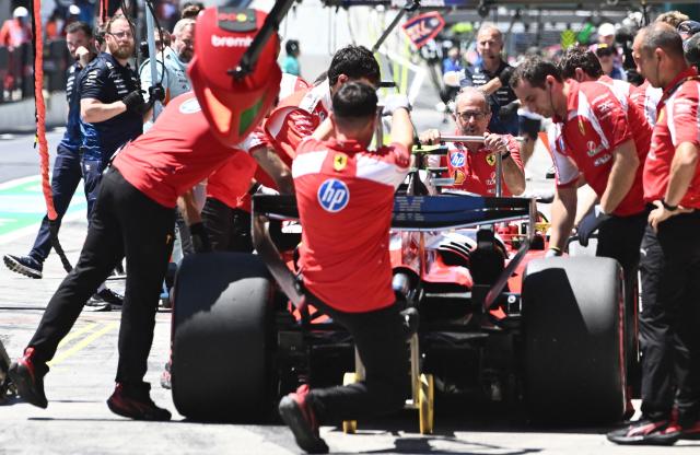 Ferrari's British driver Lewis Hamilton arrives in the pit during the third practice session at the Red Bull Ring race track in Spielberg, Austria on June 27, 2026, ahead of the Formula One Austrian Grand Prix. (Photo by Joe KLAMAR / AFP)