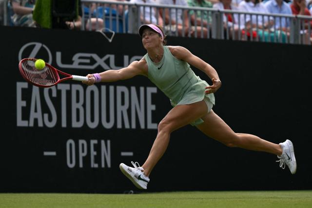 Germany's Tatjana Maria returns against US player Madison Keys during their women's final tennis match on day six of the Lexus Eastbourne Open at Devonshire Park, Eastbourne, on the south coast of England on June 27, 2026. (Photo by Glyn KIRK / AFP)