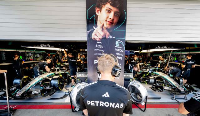 The cars of  Mercedes' British driver George Russell (R) and Mercedes' Italian driver Kimi Antonelli (left) are seen in the pit during the third practice session at the Red Bull Ring race track in Spielberg, Austria on June 27, 2026, ahead of the Formula One Austrian Grand Prix. (Photo by Joe KLAMAR / AFP)