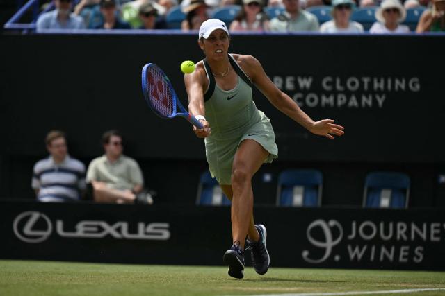 US player Madison Keys returns against Germany's Tatjana Maria during their women's final tennis match on day six of the Lexus Eastbourne Open at Devonshire Park, Eastbourne, on the south coast of England on June 27, 2026. (Photo by Glyn KIRK / AFP)