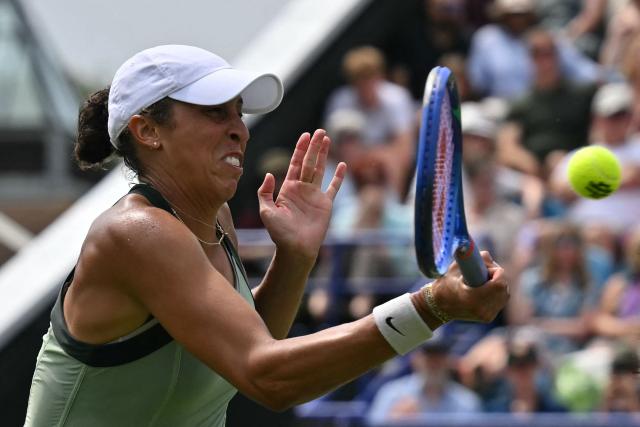 US player Madison Keys returns against Germany's Tatjana Maria during their women's final tennis match on day six of the Lexus Eastbourne Open at Devonshire Park, Eastbourne, on the south coast of England on June 27, 2026. (Photo by Glyn KIRK / AFP)
