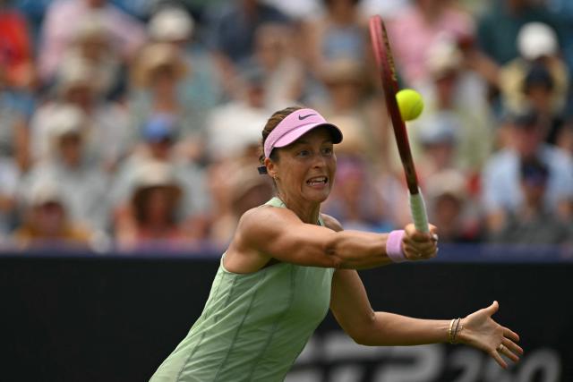 Germany's Tatjana Maria returns against US player Madison Keys during their women's final tennis match on day six of the Lexus Eastbourne Open at Devonshire Park, Eastbourne, on the south coast of England on June 27, 2026. (Photo by Glyn KIRK / AFP)