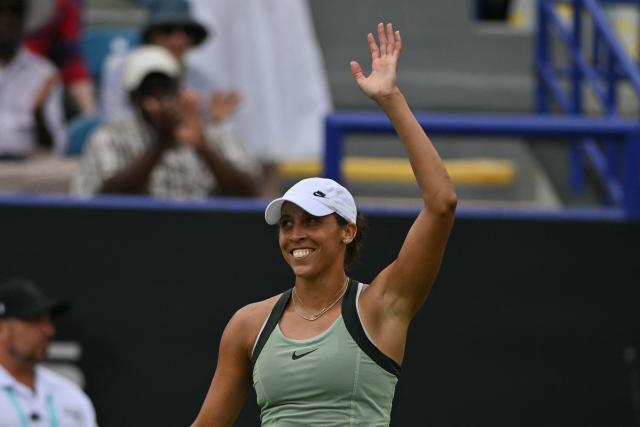 US player Madison Keys celebrates her win over Germany's Tatjana Maria in their women's final tennis match on day six of the Lexus Eastbourne Open at Devonshire Park, Eastbourne, on the south coast of England on June 27, 2026. (Photo by Glyn KIRK / AFP)