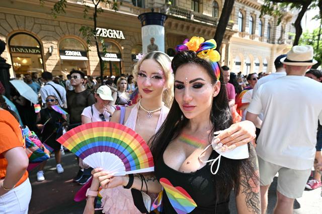 Participants gather to the Budapest Pride Parade in Budapest, Hungary on June 27, 2026. (Photo by Attila KISBENEDEK / AFP)