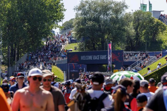 Fans brave the heat at the Red Bull Ring race track in Spielberg, Austria on June 27, 2026, ahead of the Formula One Austrian Grand Prix. (Photo by ERWIN SCHERIAU / APA / AFP) / Austria OUT