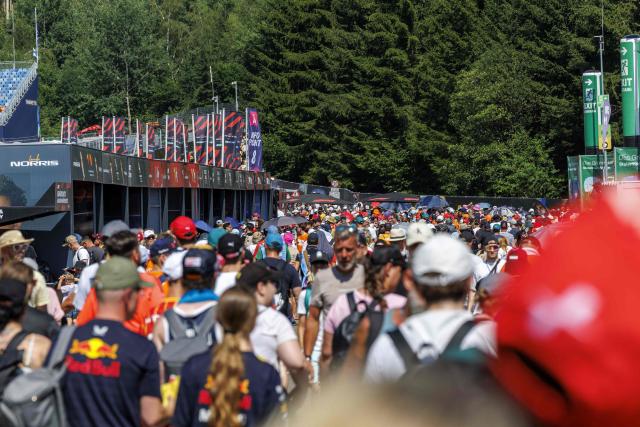 Fans brave the heat at the Red Bull Ring race track in Spielberg, Austria on June 27, 2026, ahead of the Formula One Austrian Grand Prix. (Photo by ERWIN SCHERIAU / APA / AFP) / Austria OUT