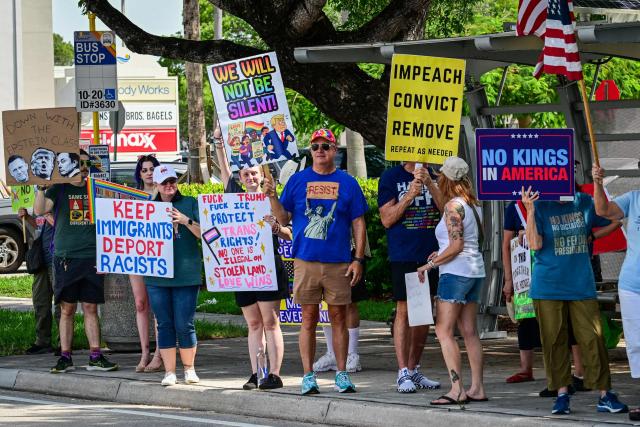 People participate in the "All of US" demonstration in Wilton Manors, Florida, on June 27, 2026. Activists are conducting a nationwide response to the planned events by the administration of US President Donald Trump to mark the 250th anniversary of the United States' Declaration of Independence. (Photo by GIORGIO VIERA / AFP)