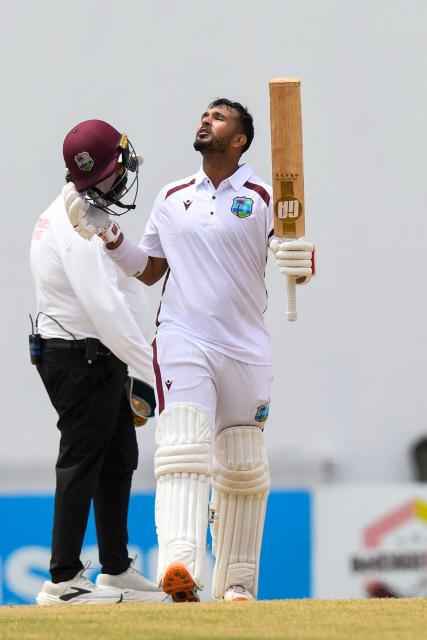 Amir Jangoo of West Indies celebrates his 150 during the 3rd day of the 1st Test between Sri Lanka and West Indies at Vivian Richards Cricket Stadium in North Sound, Antigua and Barbuda, on June 27, 2026. (Photo by Randy Brooks / AFP)