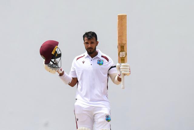 Amir Jangoo of West Indies celebrates his 150 during the 3rd day of the 1st Test between Sri Lanka and West Indies at Vivian Richards Cricket Stadium in North Sound, Antigua and Barbuda, on June 27, 2026. (Photo by Randy Brooks / AFP)