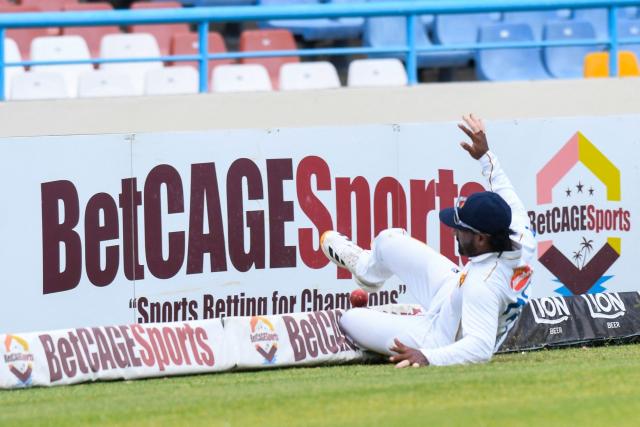 Lahiru Udara of Sri Lanka fields during the 3rd day of the 1st Test between Sri Lanka and West Indies at Vivian Richards Cricket Stadium in North Sound, Antigua and Barbuda, on June 27, 2026. (Photo by Randy Brooks / AFP)