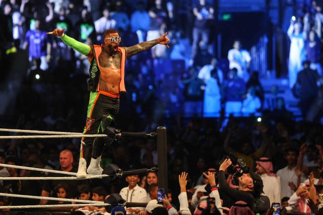 US wrestler Jey Uso gestures while standing on the ring ropes during the WWE Night of Champions wrestling event in Riyadh on June 27, 2026. (Photo by Fayez NURELDINE / AFP)