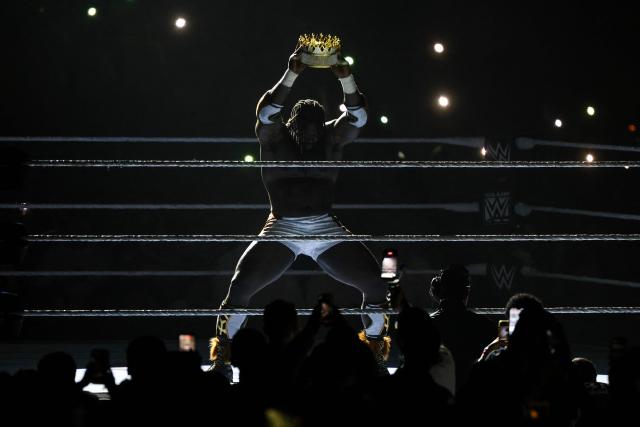 Nigerian wrestler Oba Femi celebrates with his crown during the WWE Night of Champions wrestling event in Riyadh on June 27, 2026. (Photo by Fayez NURELDINE / AFP)