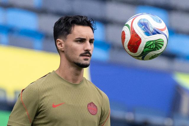 Canada's midfielder #07 Stephen Eustaquio controls the ball during an MD-1 training session at Carson Sports Park in Carson on June 27, 2026, on the eve of the 2026 World Cup round of 32 football match between South Africa and Canada at the Los Angeles Stadium in Inglewood. (Photo by ETIENNE LAURENT / AFP)