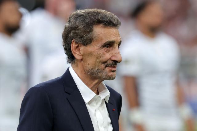 French-Syrian businessman and President of Montpellier Hérault Rugby Mohed Altrad stands on the pitch prior to the French Top 14 rugby union final between Stade Toulousain (Toulouse) and Montpellier Hérault Rugby (MHR) at the Stade de France in Saint-Denis, on the outskirst of Paris, on June 27, 2026. (Photo by Kenzo TRIBOUILLARD / AFP)