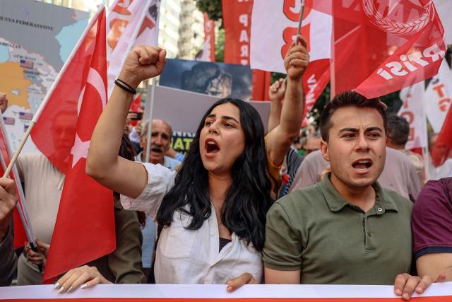 Protesters chant slogans against NATO during an anti-NATO demonstration in Ankara, on June 27, 2026 ahead of the NATO summit. The NATO summit will take place in Ankara on July 7-8 and is expected to be attended by 32 leaders including US President. (Photo by ADEM ALTAN / AFP)