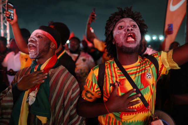 Ghanaian football supporters cheer for their team as they wait for the start of the 2026 FIFA World Cup match between Ghana and Croatia in Accra on June 27, 2026. (Photo by Nipah Dennis / AFP)