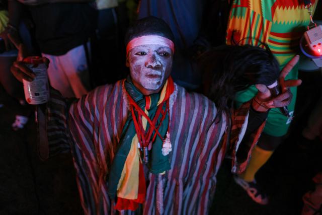 A Ghanaian football supporter cheers for his team as he waits for the start of the 2026 FIFA World Cup match between Ghana and Croatia in Accra on June 27, 2026. (Photo by Nipah Dennis / AFP)