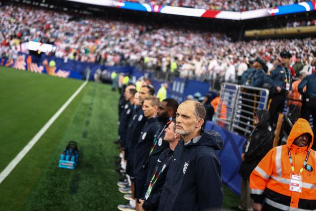 England's German head coach Thomas Tuchel looks on ahead of the 2026 World Cup Group L football match between Panama and England at the New York/New Jersey Stadium in East Rutherford on June 27, 2026.  (Photo by CHARLY TRIBALLEAU / AFP)
