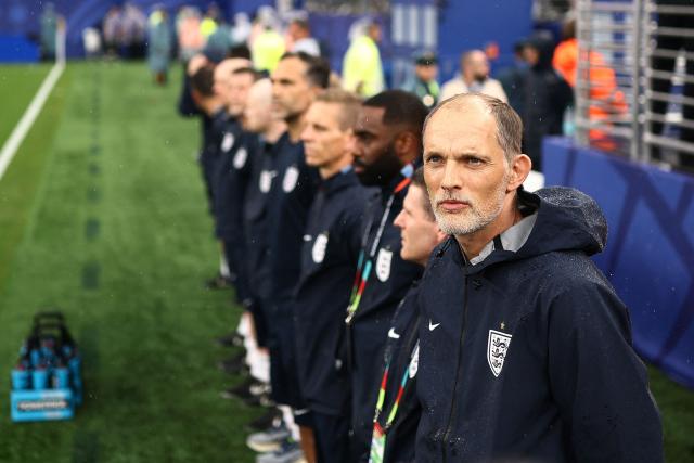 England's German head coach Thomas Tuchel looks on ahead of the 2026 World Cup Group L football match between Panama and England at the New York/New Jersey Stadium in East Rutherford on June 27, 2026.  (Photo by CHARLY TRIBALLEAU / AFP)