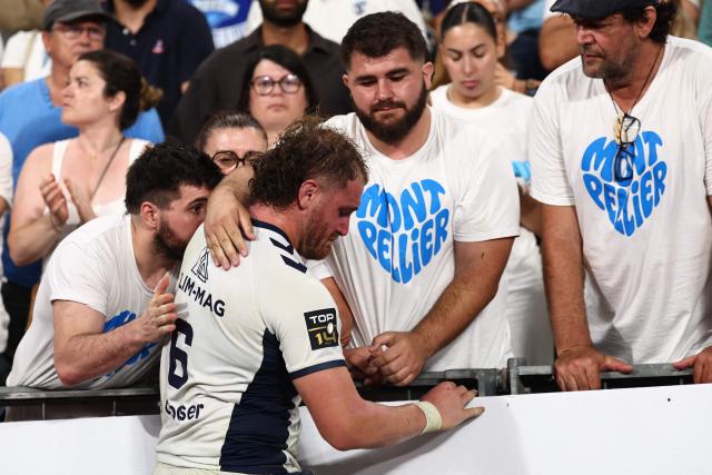 Montpellier’s French flanker Lenni Nouchi reacts after losing the French Top 14 rugby union final against Stade Toulousain (Toulouse) at the Stade de France in Saint-Denis, on the outskirts of Paris, on June 27, 2026. (Photo by Anne-Christine POUJOULAT / AFP)