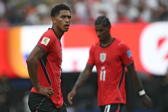 England's midfielder #10 Jude Bellingham reacts at the halftime of the 2026 World Cup Group L football match between Panama and England at the New York/New Jersey Stadium in East Rutherford on June 27, 2026.  (Photo by MAURO PIMENTEL / AFP)