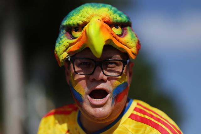 A Colombian fan gestures ahead of the 2026 World Cup Group K football match between Colombia and Portugal at the Miami Stadium in Miami Gardens on June 27, 2026.  (Photo by PATRICIA DE MELO MOREIRA / AFP)