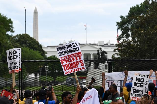 People march during a “Next250: A National Mobilization” rally in front of the White House in Washington, DC, on June 27, 2026. Activists are conducting a nationwide response to the planned events by the administration of US President Donald Trump to mark the 250th anniversary of the United States' Declaration of Independence. (Photo by Alex WROBLEWSKI / AFP)