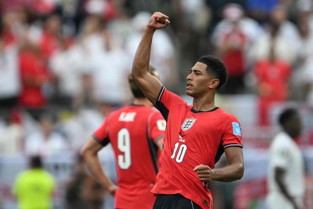 England's midfielder #10 Jude Bellingham celebrates scoring his team's first goal during the 2026 World Cup Group L football match between Panama and England at the New York/New Jersey Stadium in East Rutherford on June 27, 2026.  (Photo by MAURO PIMENTEL / AFP)