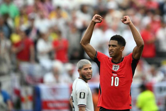 England's midfielder #10 Jude Bellingham celebrates scoring his team's first goal during the 2026 World Cup Group L football match between Panama and England at the New York/New Jersey Stadium in East Rutherford on June 27, 2026.  (Photo by MAURO PIMENTEL / AFP)