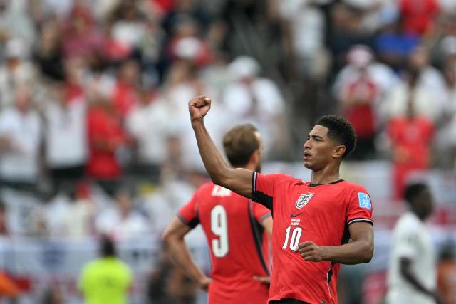 England's midfielder #10 Jude Bellingham celebrates scoring his team's first goal during the 2026 World Cup Group L football match between Panama and England at the New York/New Jersey Stadium in East Rutherford on June 27, 2026.  (Photo by MAURO PIMENTEL / AFP)