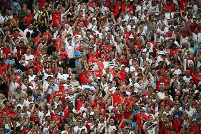 England fans celebrate their team's second goal during the 2026 World Cup Group L football match between Panama and England at the New York/New Jersey Stadium in East Rutherford on June 27, 2026.  (Photo by MAURO PIMENTEL / AFP)