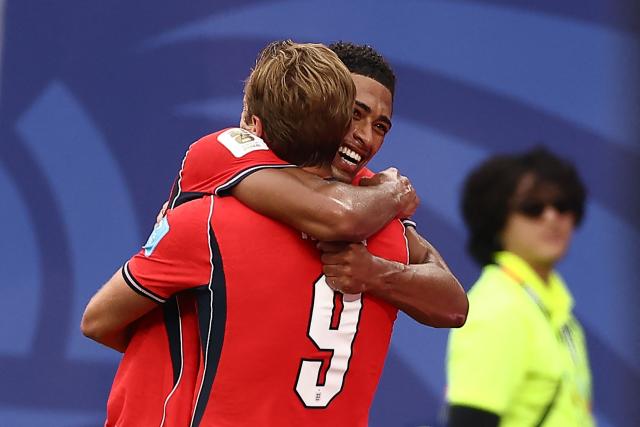 England's forward #09 Harry Kane (R) celebrates scoring his team's second goal with teammate midfielder #10 Jude Bellingham (L) during the 2026 World Cup Group L football match between Panama and England at the New York/New Jersey Stadium in East Rutherford on June 27, 2026.  (Photo by CHARLY TRIBALLEAU / AFP)