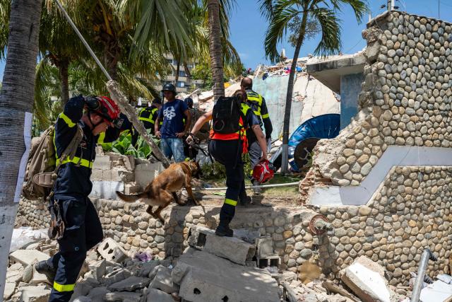 Members of the French Civil Security Training and Intervention Regiment (UIISC 7) arrive with their dog at a damaged building near the Karting La Guaira complex in Caraballeda, La Guaira state, Venezuela, on June 27, 2026, during rescue operations following twin earthquakes. Nearly 1,000 people have been killed and more than 50,000 remain missing after two consecutive earthquakes in Venezuela, where growing anger has been reported over the lack of official aid to swiftly rescue survivors. (Photo by Miguel MEDINA / POOL / AFP)