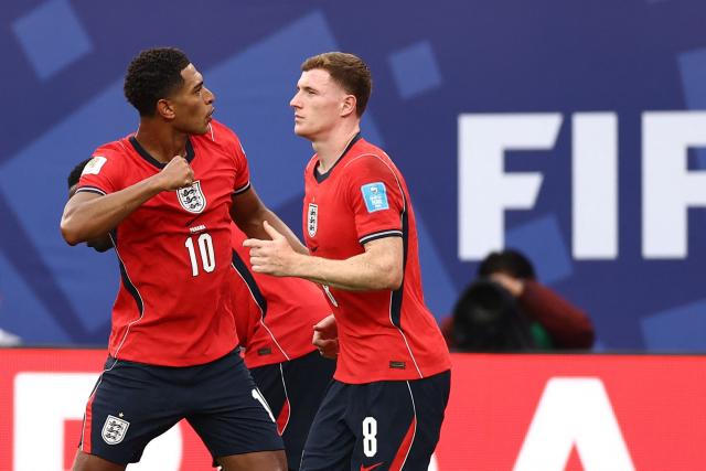 England's midfielder #10 Jude Bellingham celebrates scoring his team's first goal during the 2026 World Cup Group L football match between Panama and England at the New York/New Jersey Stadium in East Rutherford on June 27, 2026.  (Photo by CHARLY TRIBALLEAU / AFP)